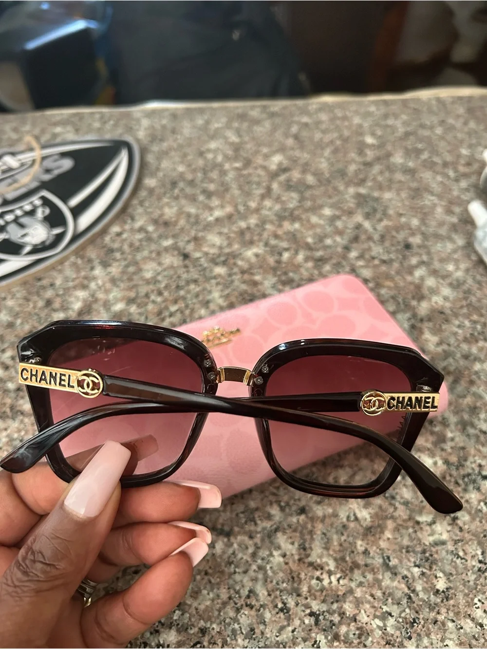 (NOT-CHANEL Tortoiseshell Sunglasses with Gold Logo Detail